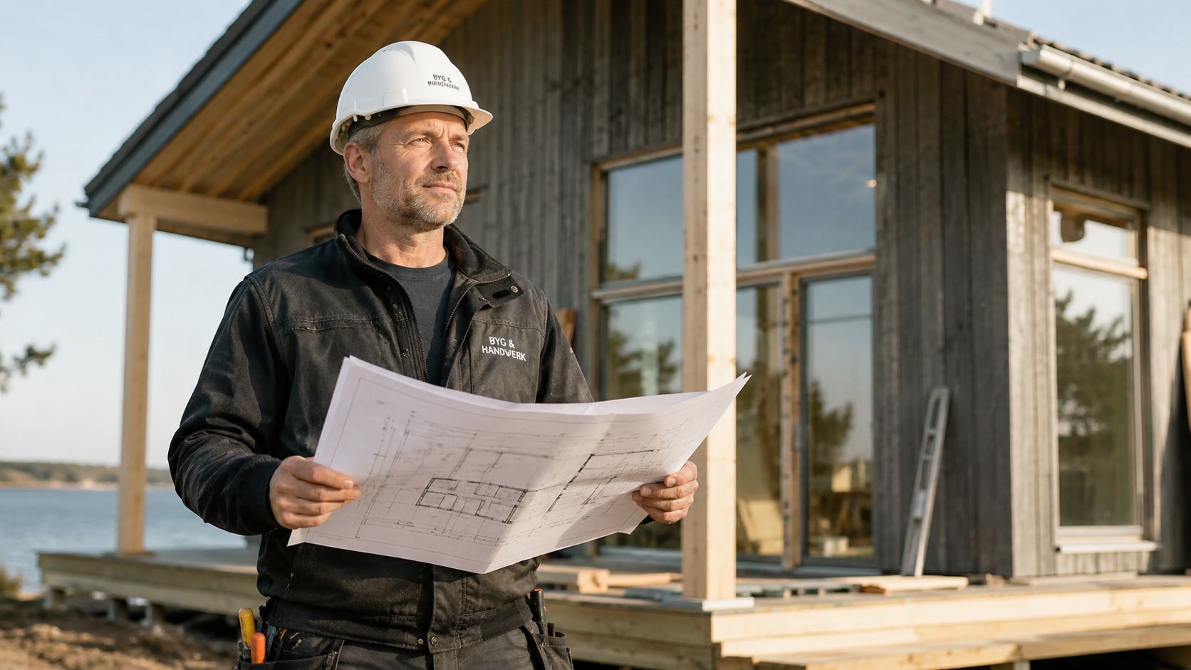 En byggeleder med hvid sikkerhedshjelm holder plantegninger foran et moderne sommerhus under opførelse ved vandet.