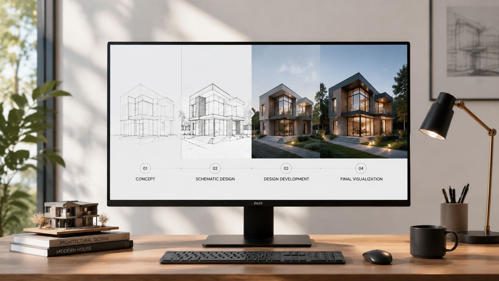 En computerskærm viser fire faser af en arkitektonisk 3D-visualiseringsproces fra skitse til færdigt husprojekt.