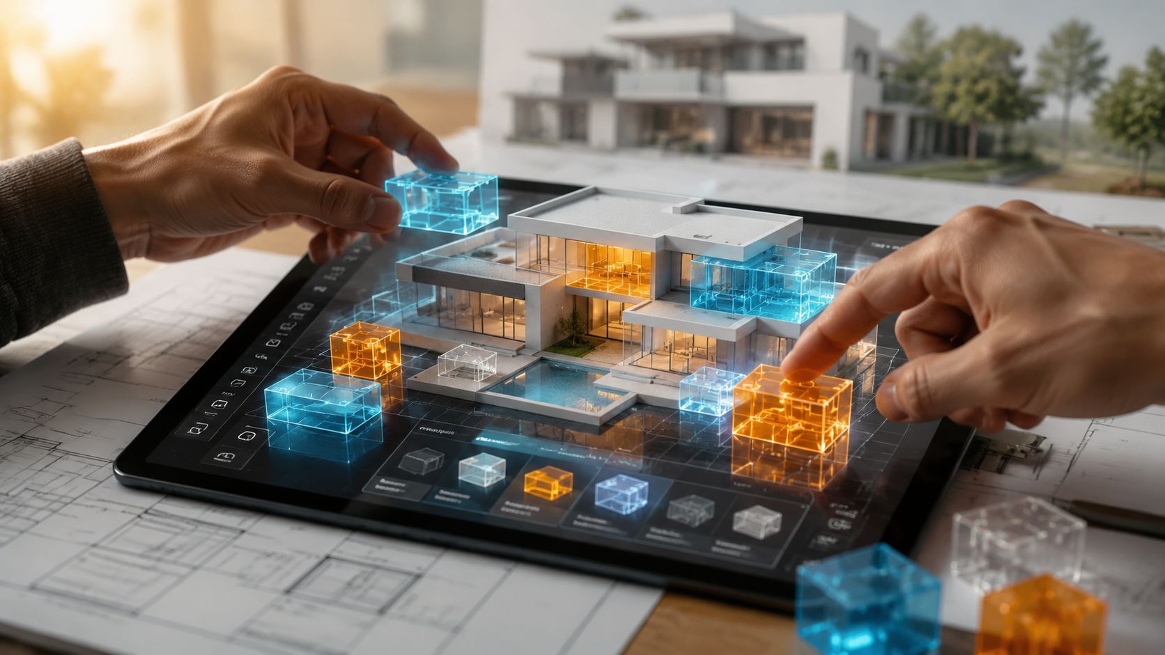 En person arbejder med 3D visualisering af moderne boligarkitektur på en tablet med interaktive digitale elementer.