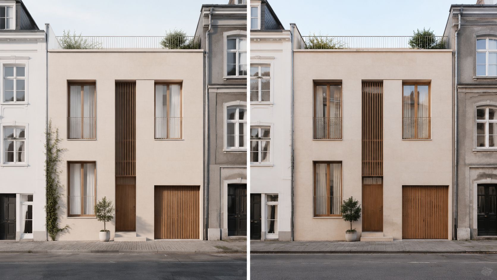 Moderne byhusfacade med træelementer og grønne planter placeret mellem historiske bygninger i en rolig bygade.
