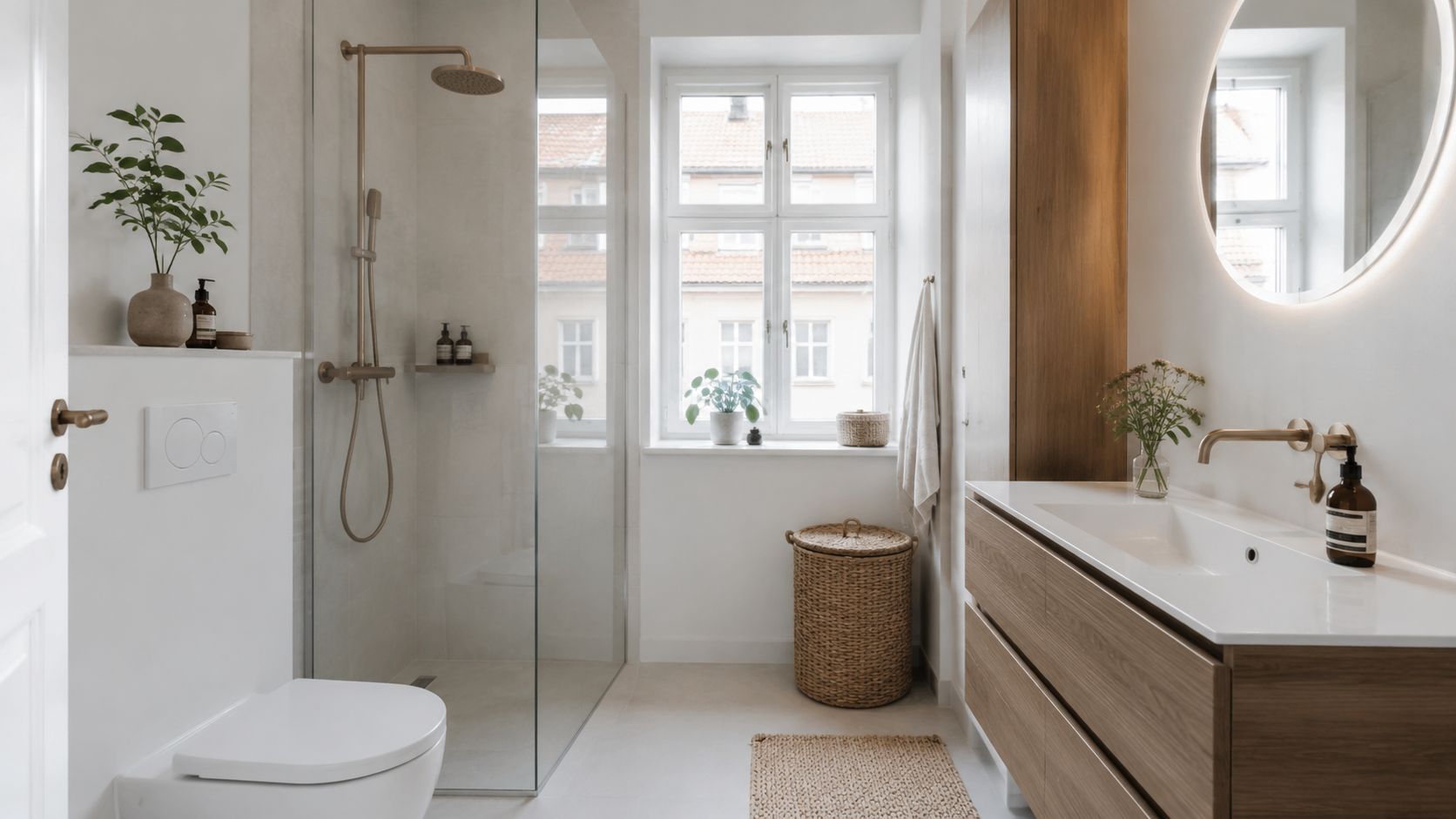 Moderne badeværelse i København med bruseniche, træskab, rundt spejl og naturlige teksturer i en lys stil.