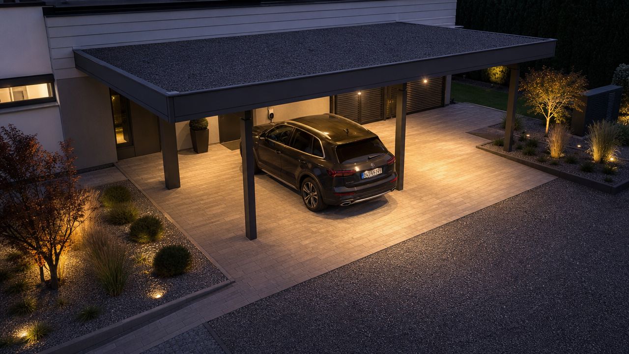 En moderne mørkegrå bil parkeret under en stilfuld carport med integreret belysning om aftenen.