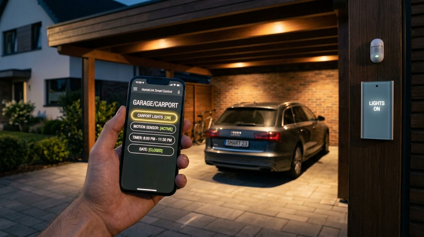 En hånd holder en smartphone med en smart home-app, der styrer belysningen i en moderne carport.