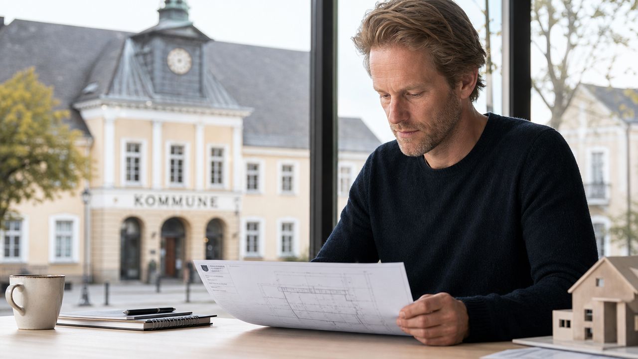 En arkitekt studerer byggeplaner for et klimatilpasningsprojekt med en rådhusbygning i baggrunden.