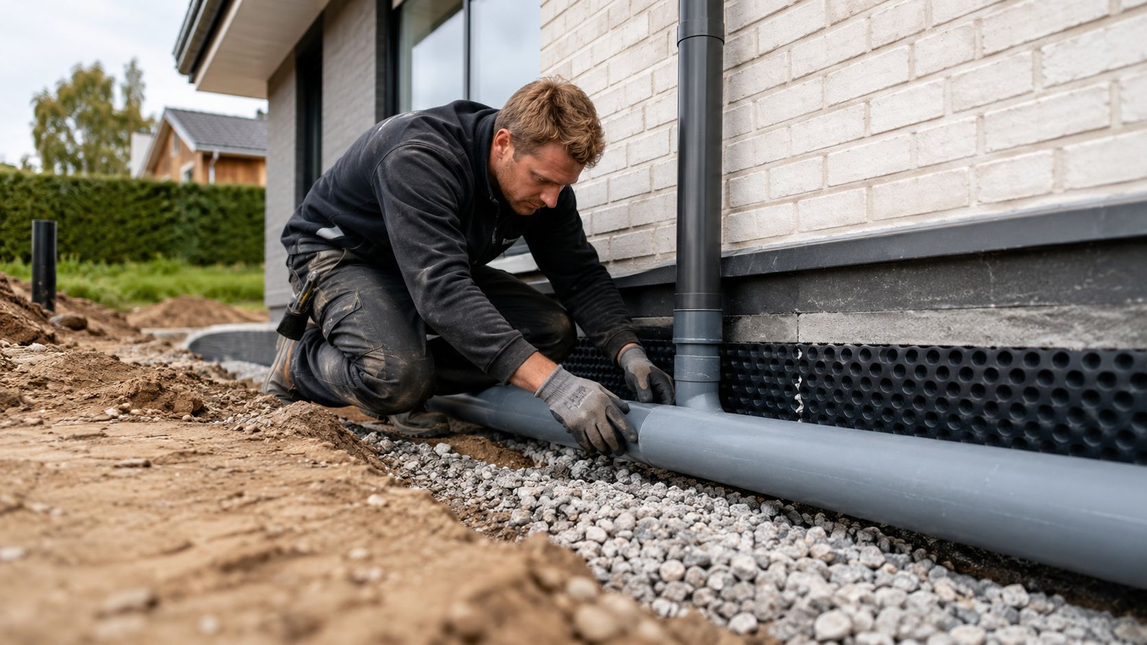 En håndværker installerer et gråt drænrør langs fundamentet af et nybygget hus med grus.