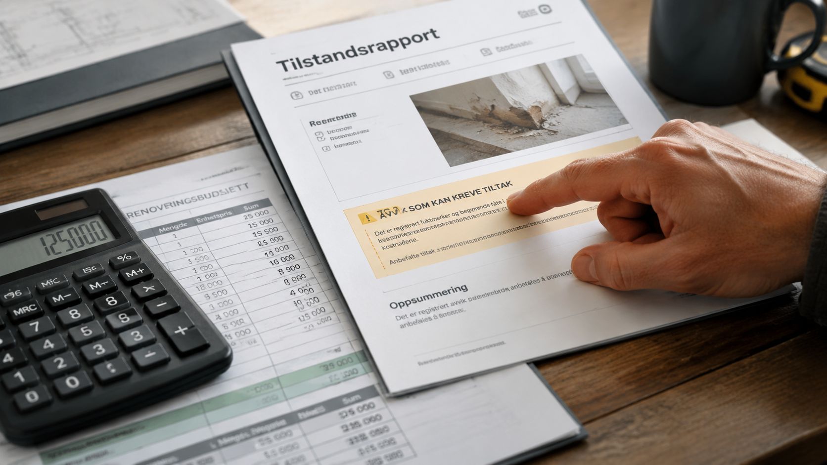 En person gennemgår en tilstandsrapport for et hus med fokus på fugtskader og nødvendige renoveringstiltag.