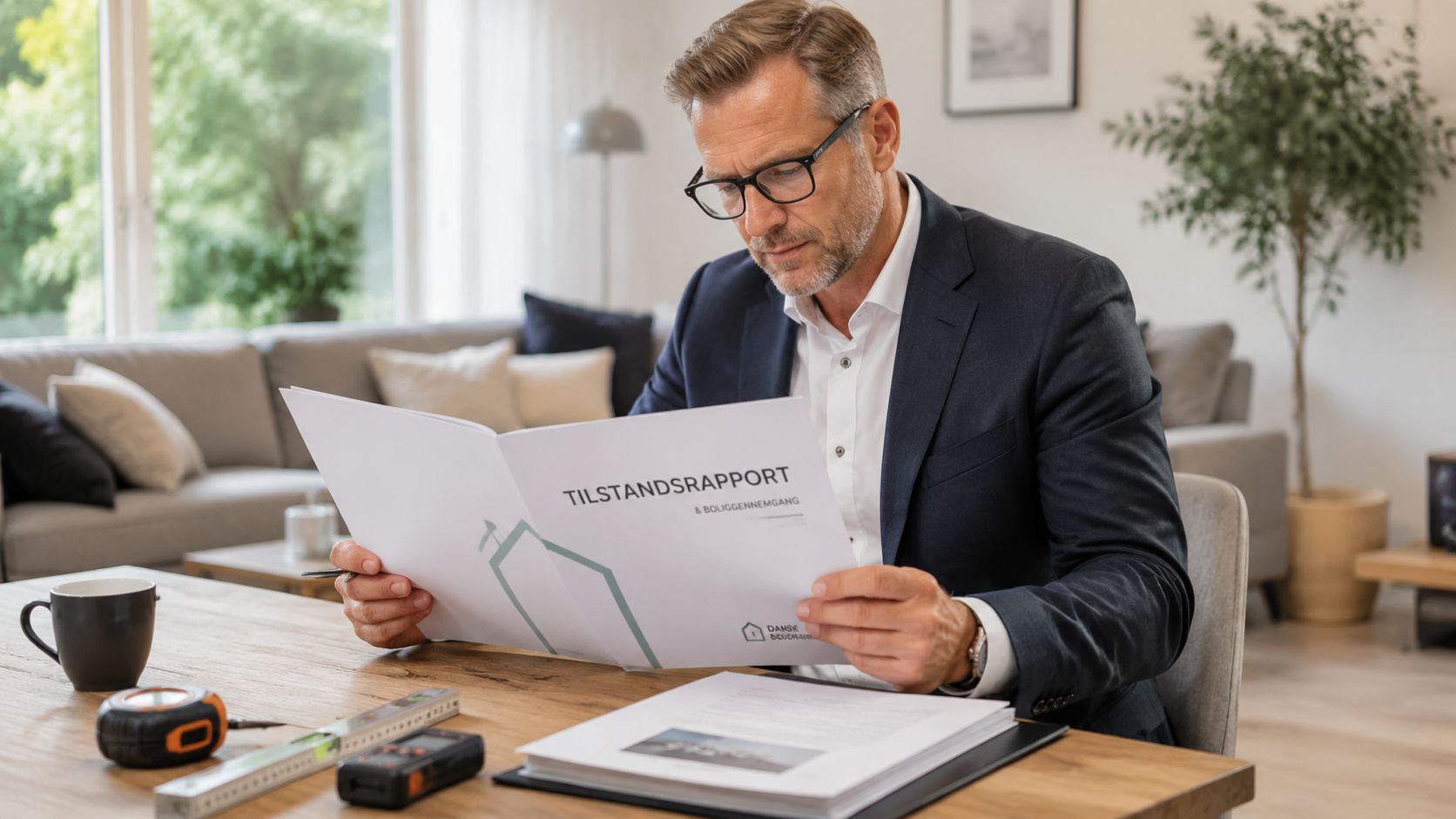 En professionel bygningssagkyndig læser en tilstandsrapport ved et skrivebord med værktøj i et moderne hjem.