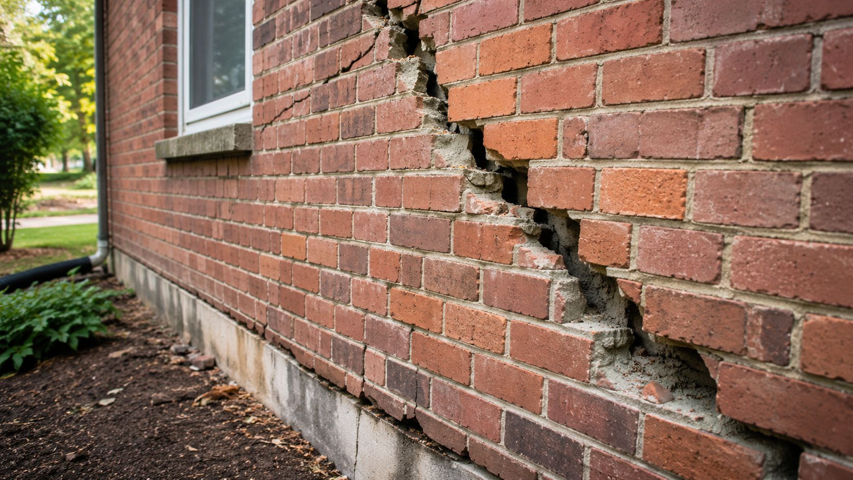 Alvorlige revner og strukturelle skader i en murstensvæg på ydersiden af et ældre parcelhus.