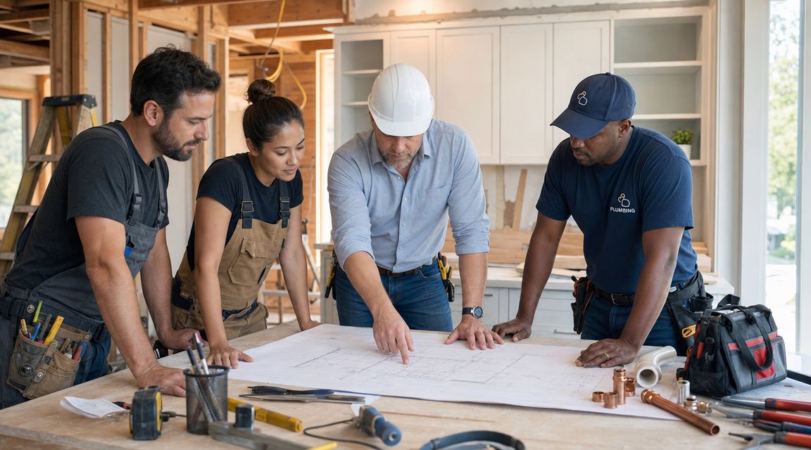 En gruppe byggearbejdere og en byggeleder kigger på plantegninger i et hus under renovering.