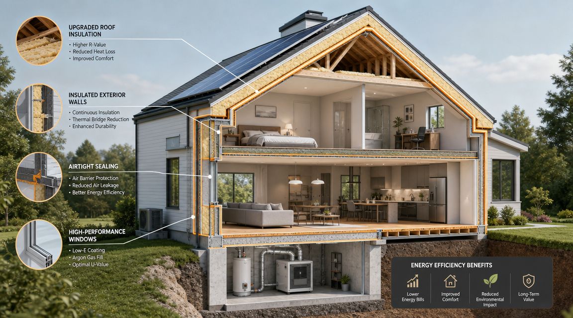 Tværsnit af et energieffektivt hus, der viser isolering, tætning og vinduer for bedre boligklima og økonomi.