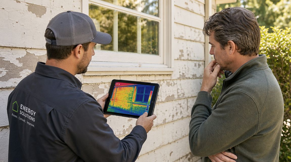 En energikonsulent viser en husejer termiske billeder af en husvæg på en tablet under en energivurdering.