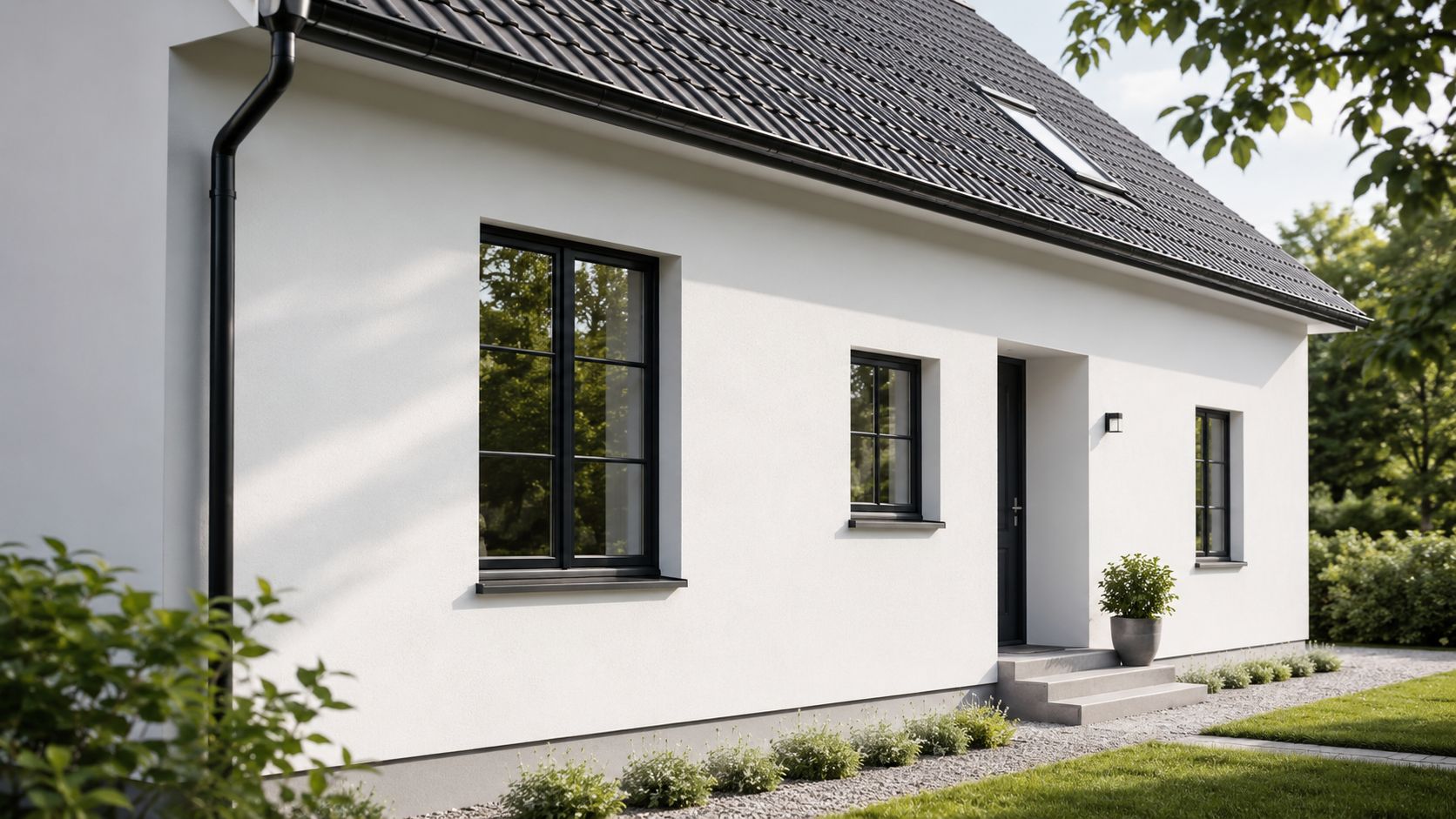 Et moderne hvidt hus med sort tag, sorte vinduesrammer og en velholdt have i dagslys.