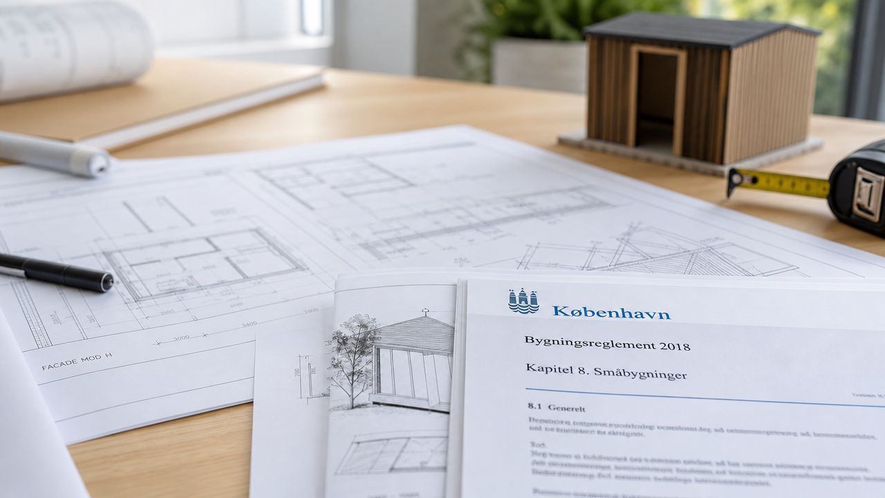 Arkitekttegninger og bygningsreglement for småbygninger på et træbord med en lille model af et skur.