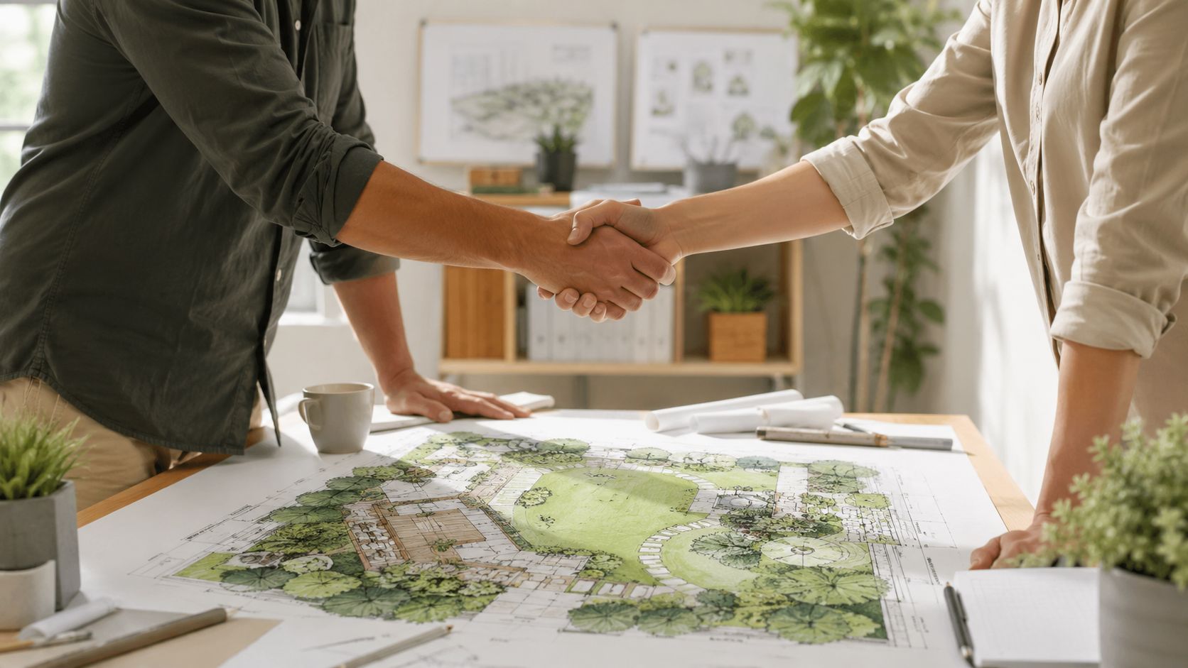 To arkitekter giver håndtryk over en detaljeret haveplan, der skitserer et moderne landskabsdesign på tegnebordet.