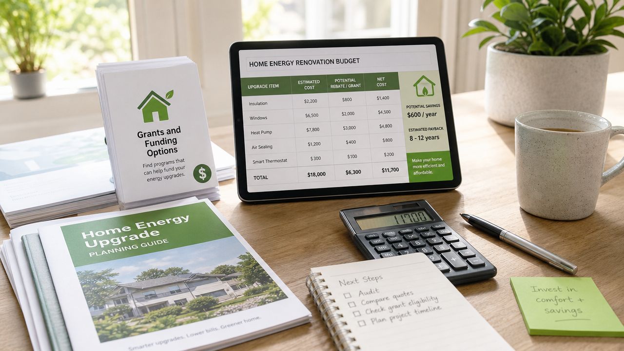 Et skrivebord med dokumenter, en tablet og en lommeregner til planlægning af energirenovering af huset.