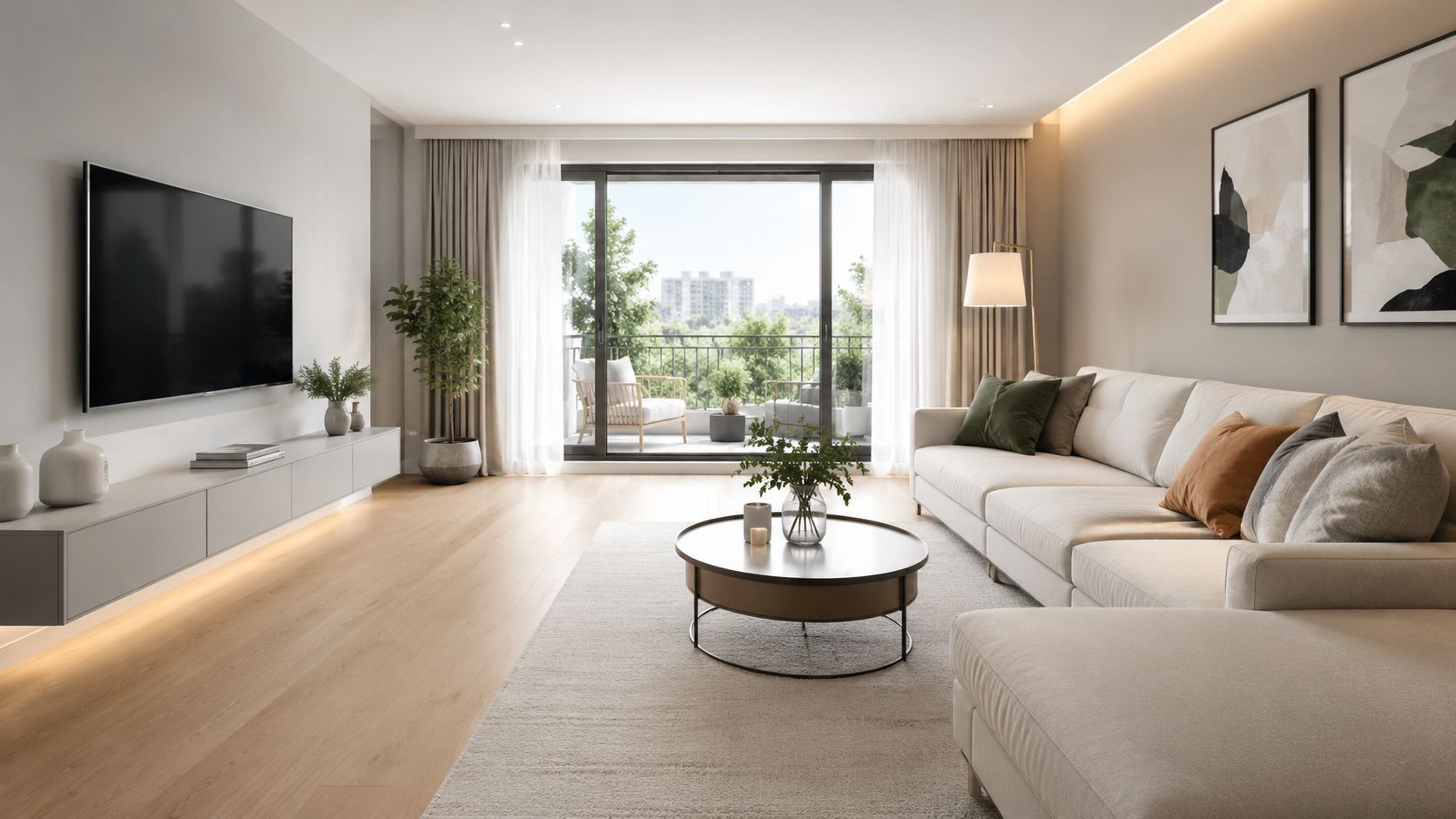 Moderne stue med lyst trægulv, komfortabel beige sofa, fladskærms-tv og en flot udsigt fra altanen.