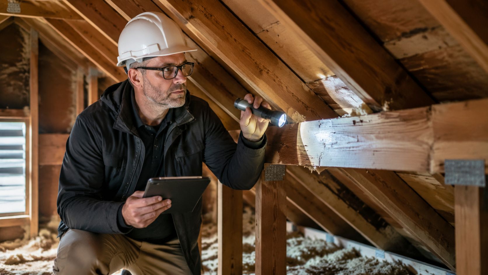 Bygningsinspektør undersøger tagkonstruktionen på et ældre hus med lommelygte og en tablet i hånden.