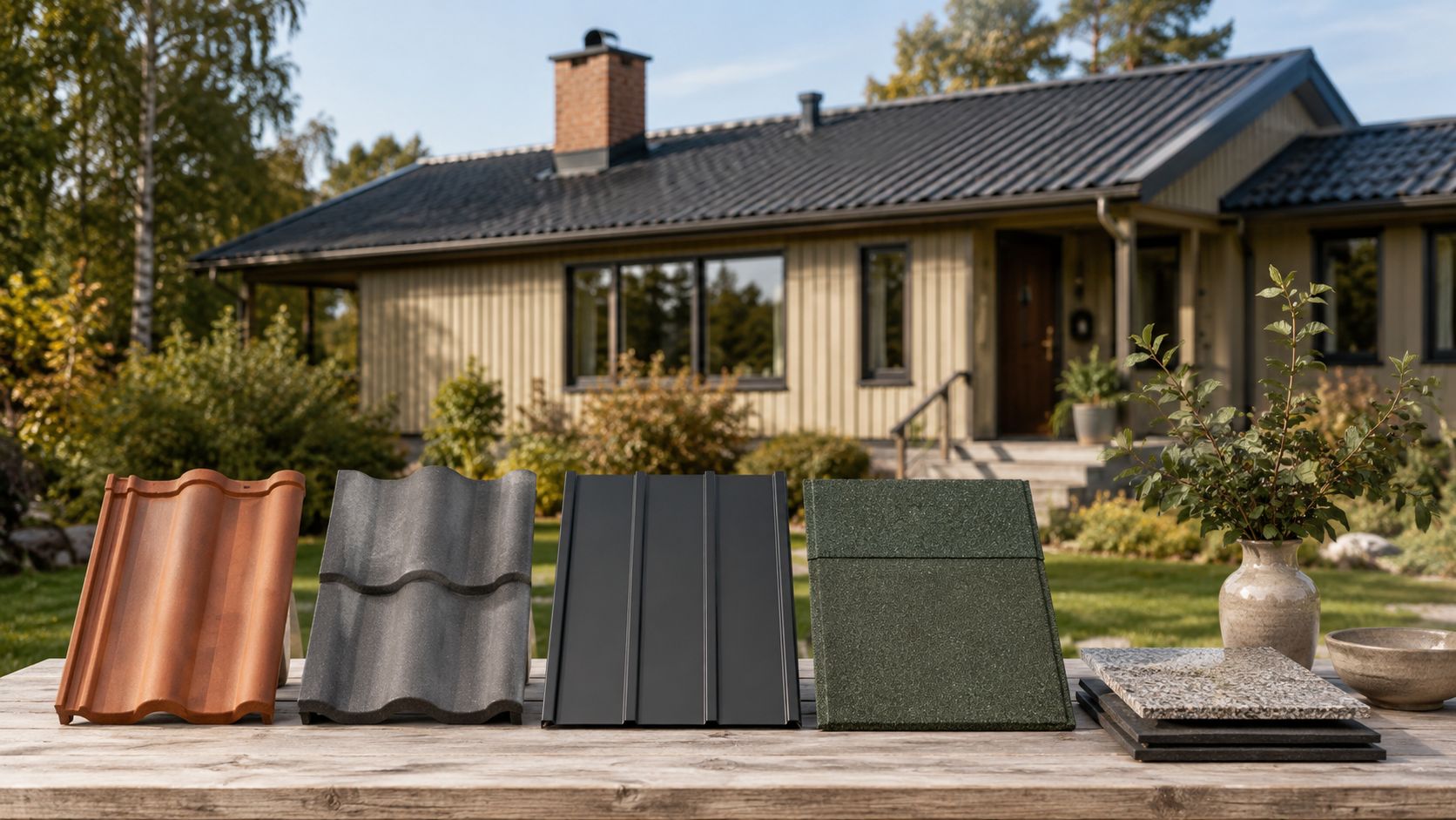 Forskellige materialeprøver til nyt tag placeret på et bord foran et moderne parcelhus i træ.