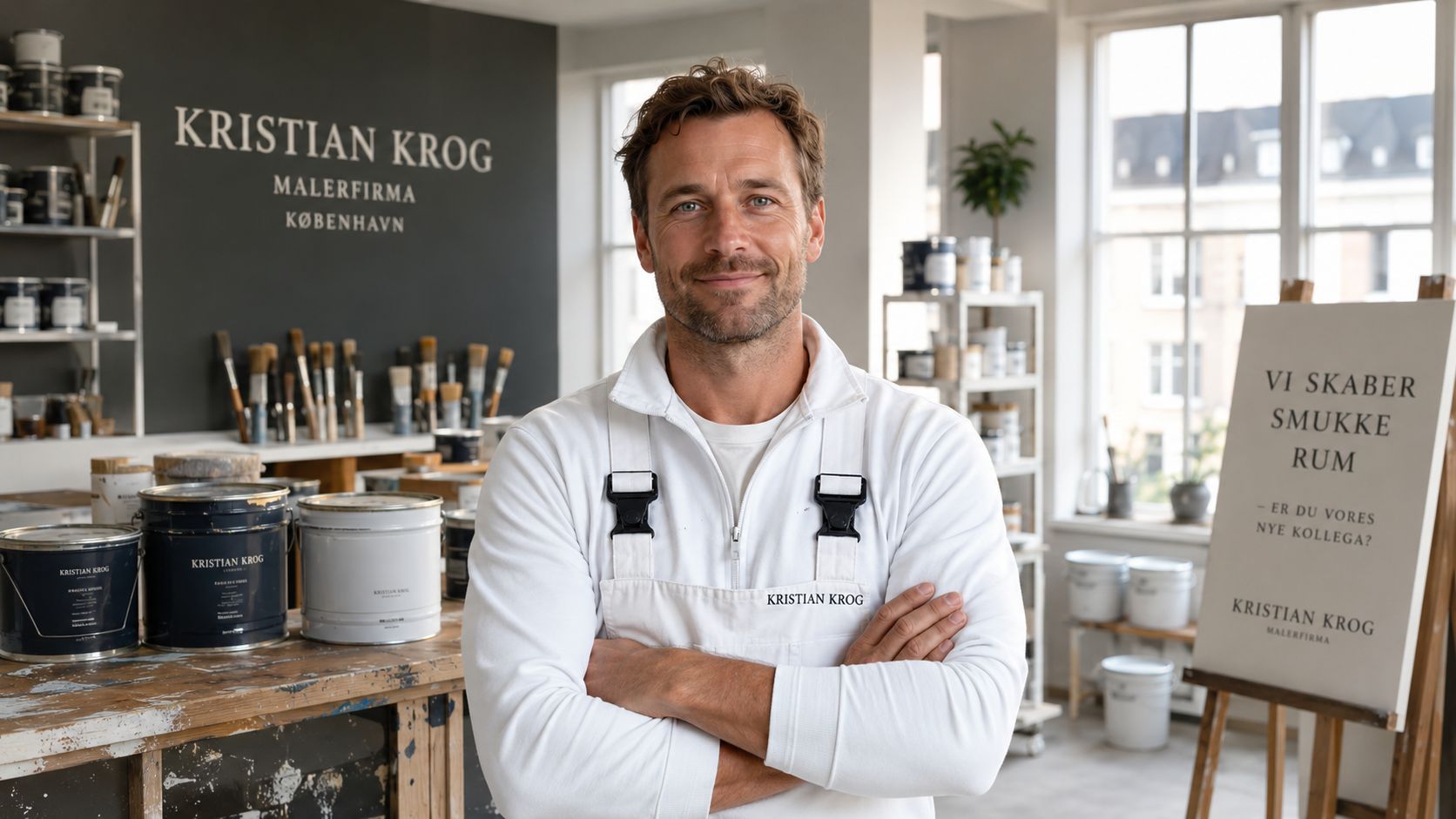 En professionel maler i hvid arbejdsdragt smiler venligt i sit værksted, hvor han søger nye kolleger.