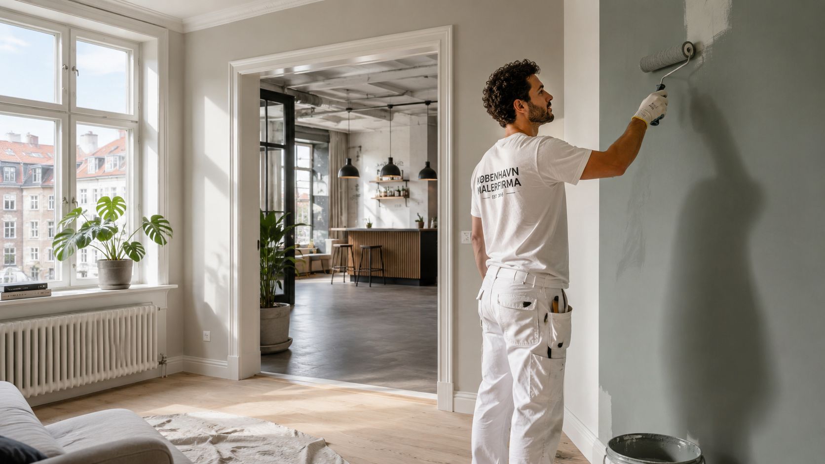 En professionel maler fra København Malerfirma maler en væg i en moderne lys lejlighed med en malerrulle.