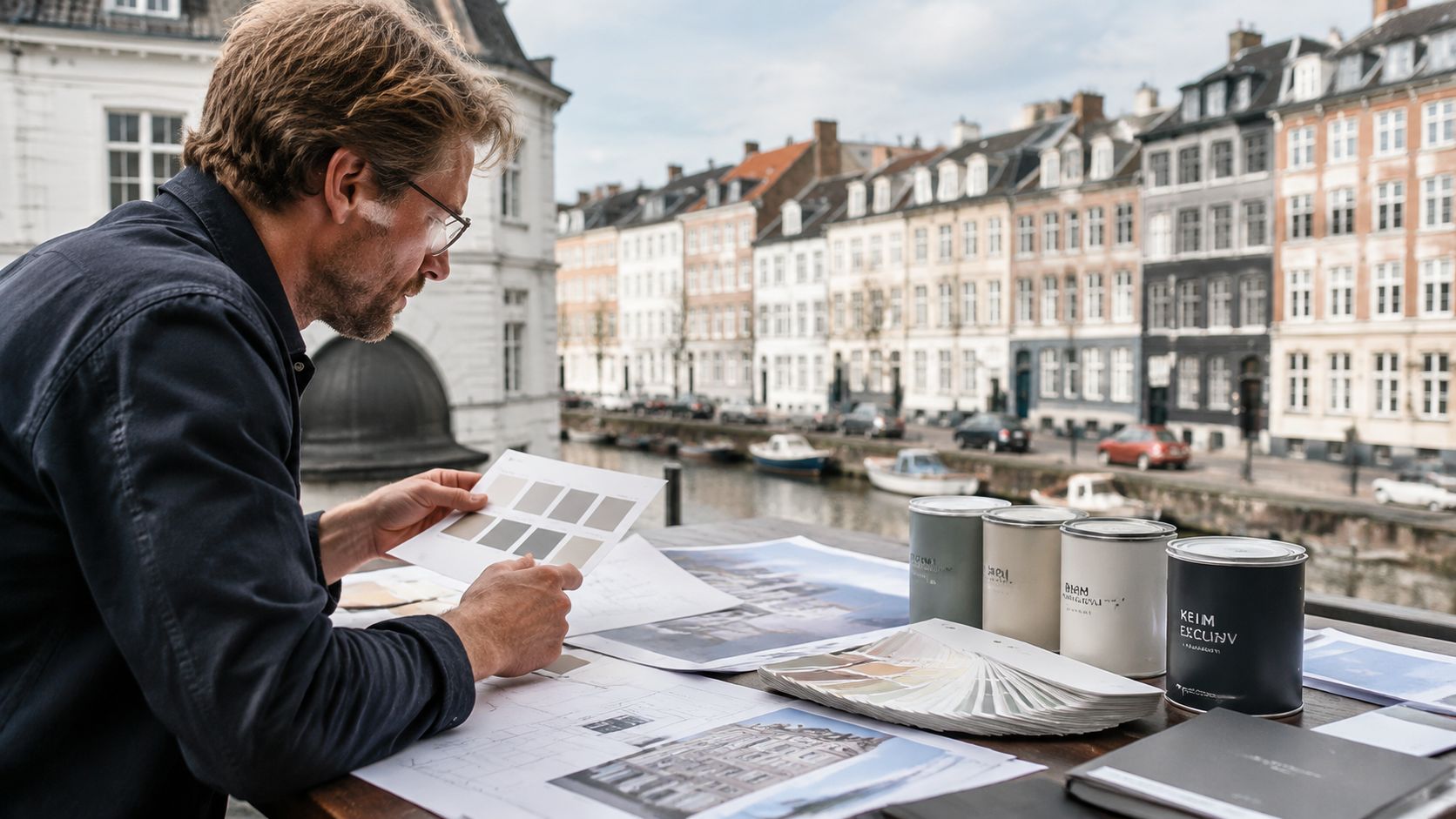 Arkitekt der sidder ved et bord med farveprøver og tegninger med udsigt over Københavns kanaler.