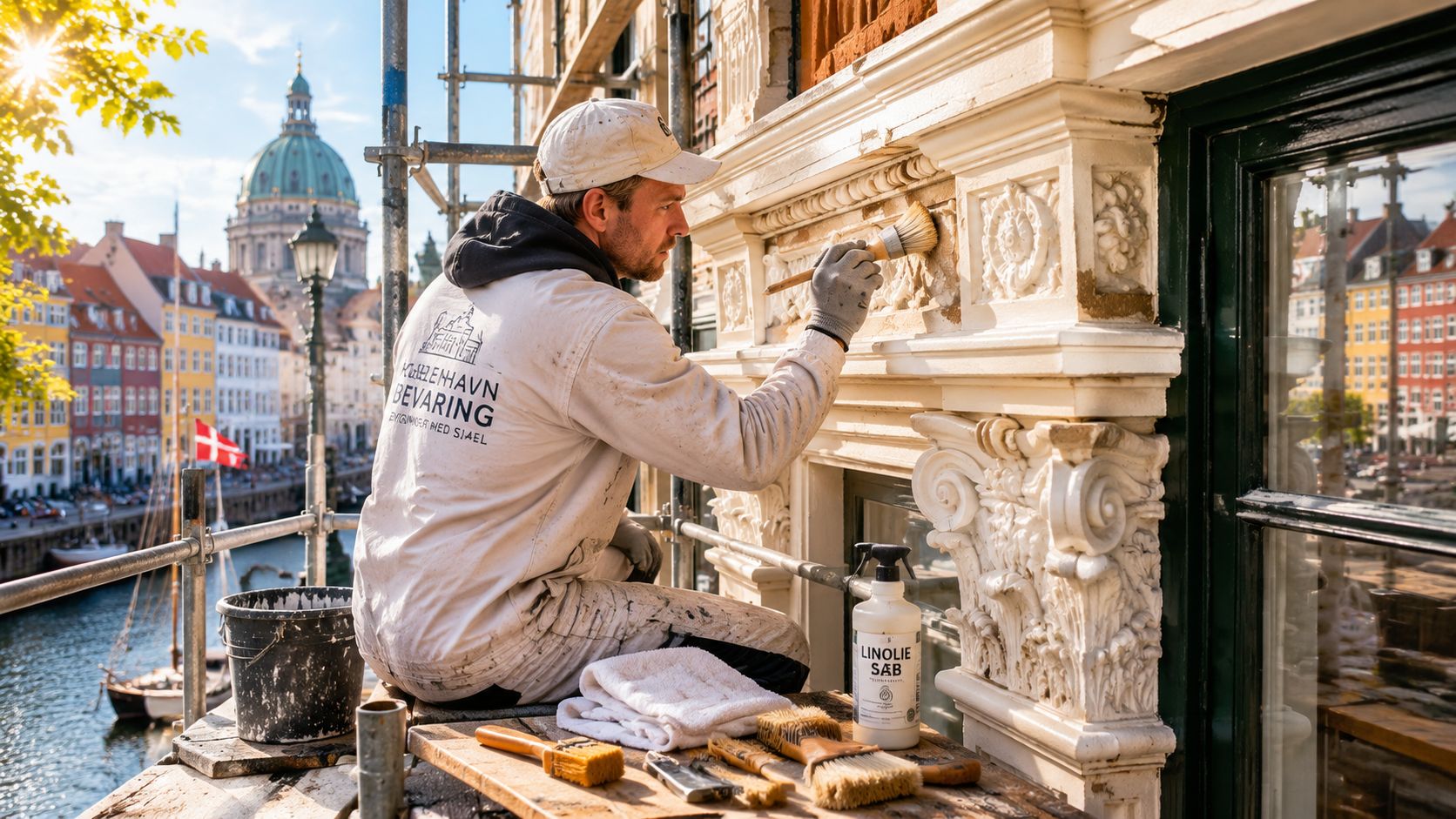 Håndværker maler en detaljeret facade med linoliemaling i det historiske og solrige København ved Nyhavn.