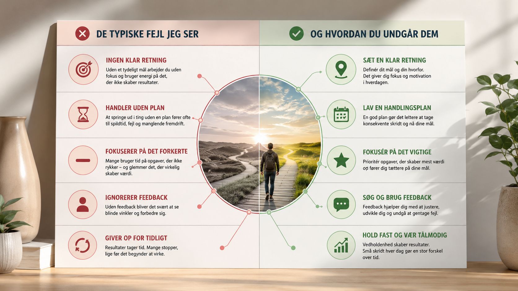 En infografik der sammenligner typiske fejl i planlægning med effektive løsninger for bedre personlig og professionel udvikling.