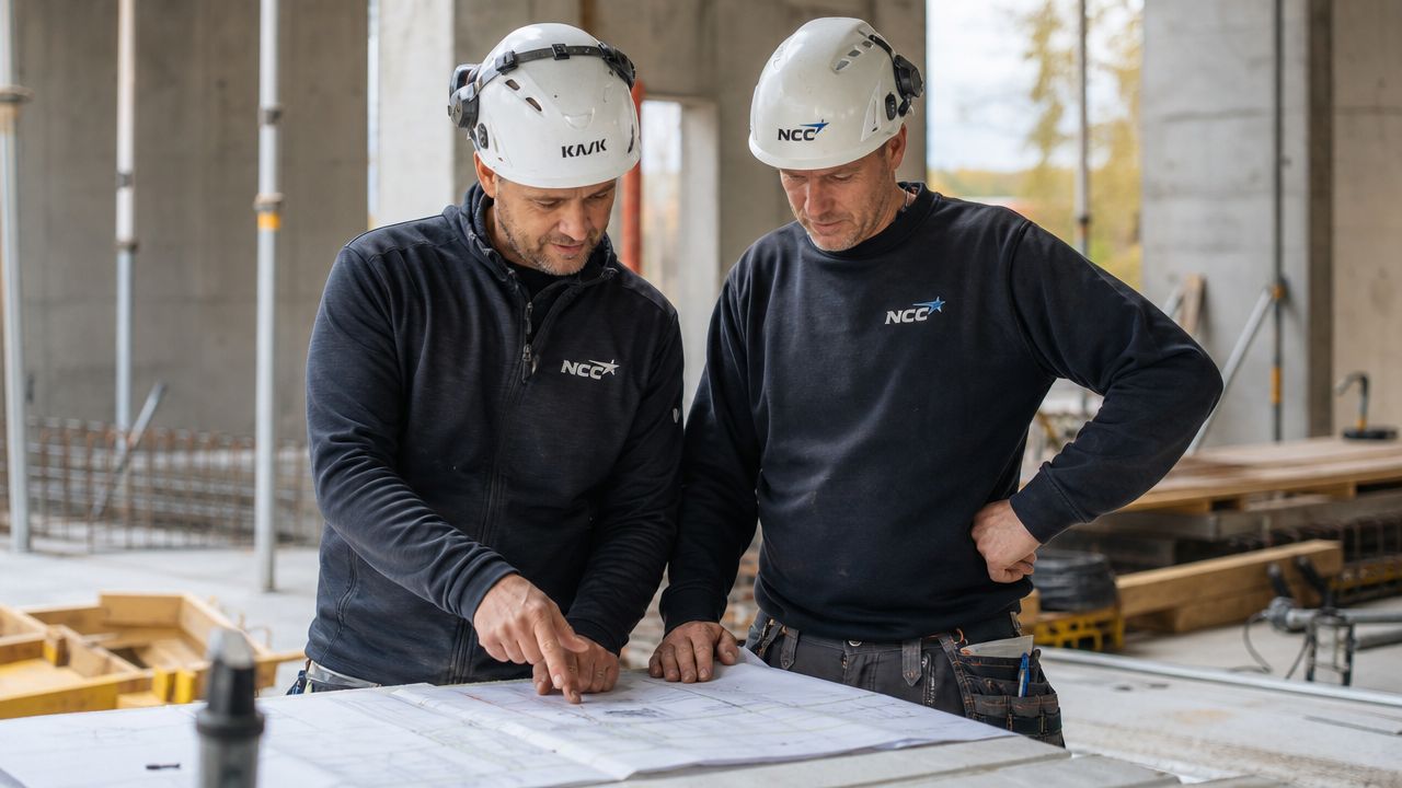 To byggeledere i NCC-tøj står på en byggeplads og gennemgår detaljerede plantegninger sammen foran projektet.