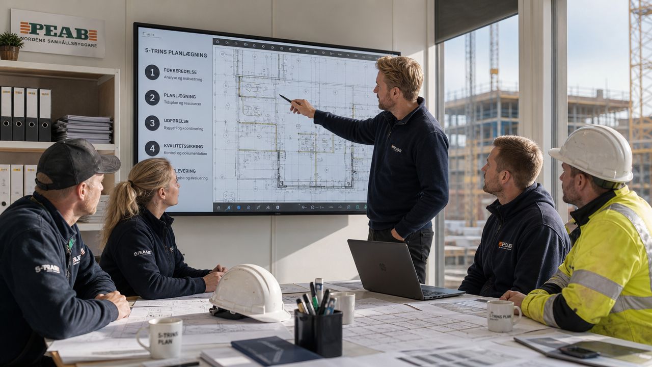 Et team fra Peab gennemgår byggeplaner og ressourceplanlægning på en stor skærm i et kontor med byggepladsudsigt.