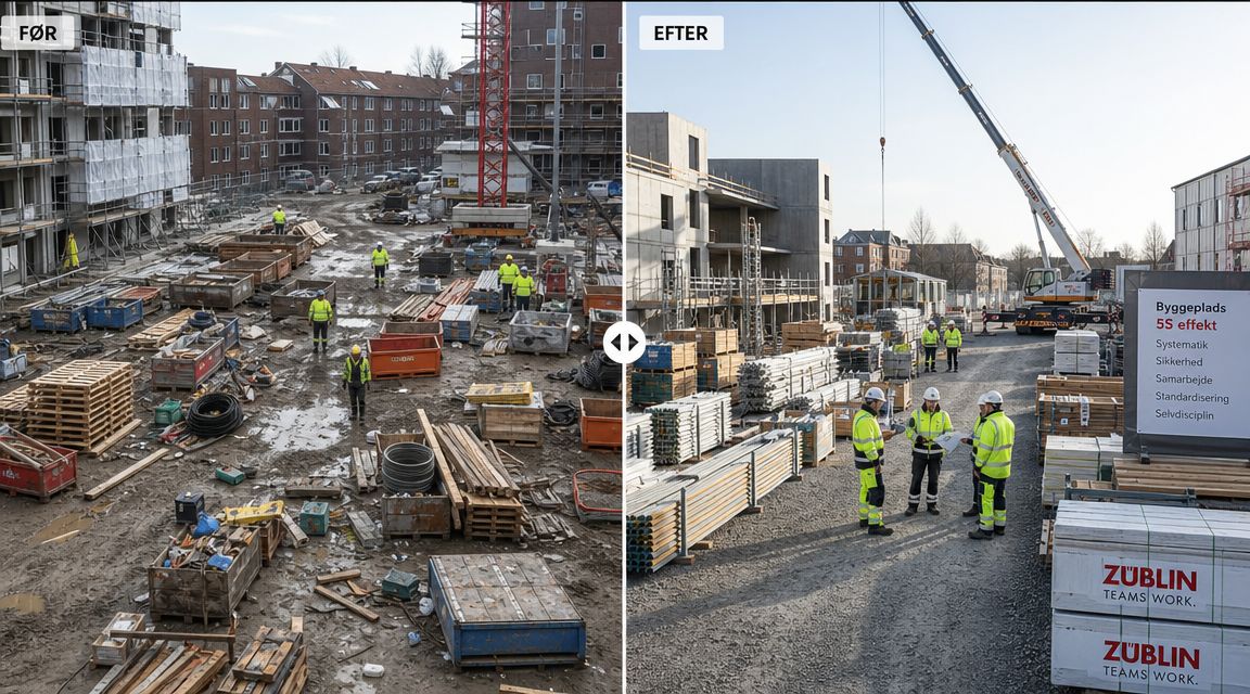 En før- og efter-sammenligning af en byggeplads, der viser forbedret orden og effektivitet gennem 5S-metoden.