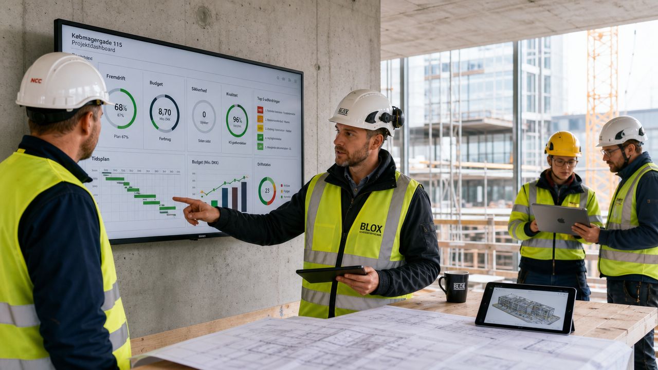 Byggeledere diskuterer projektstyring og ressourceplanlægning ved brug af digitale dashboards på en byggeplads i København.