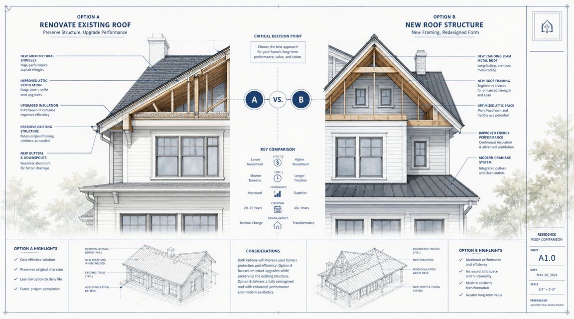 Arkitektonisk sammenligningsplan mellem renovering af eksisterende tag og opførelse af en helt ny tagkonstruktion til et hus.