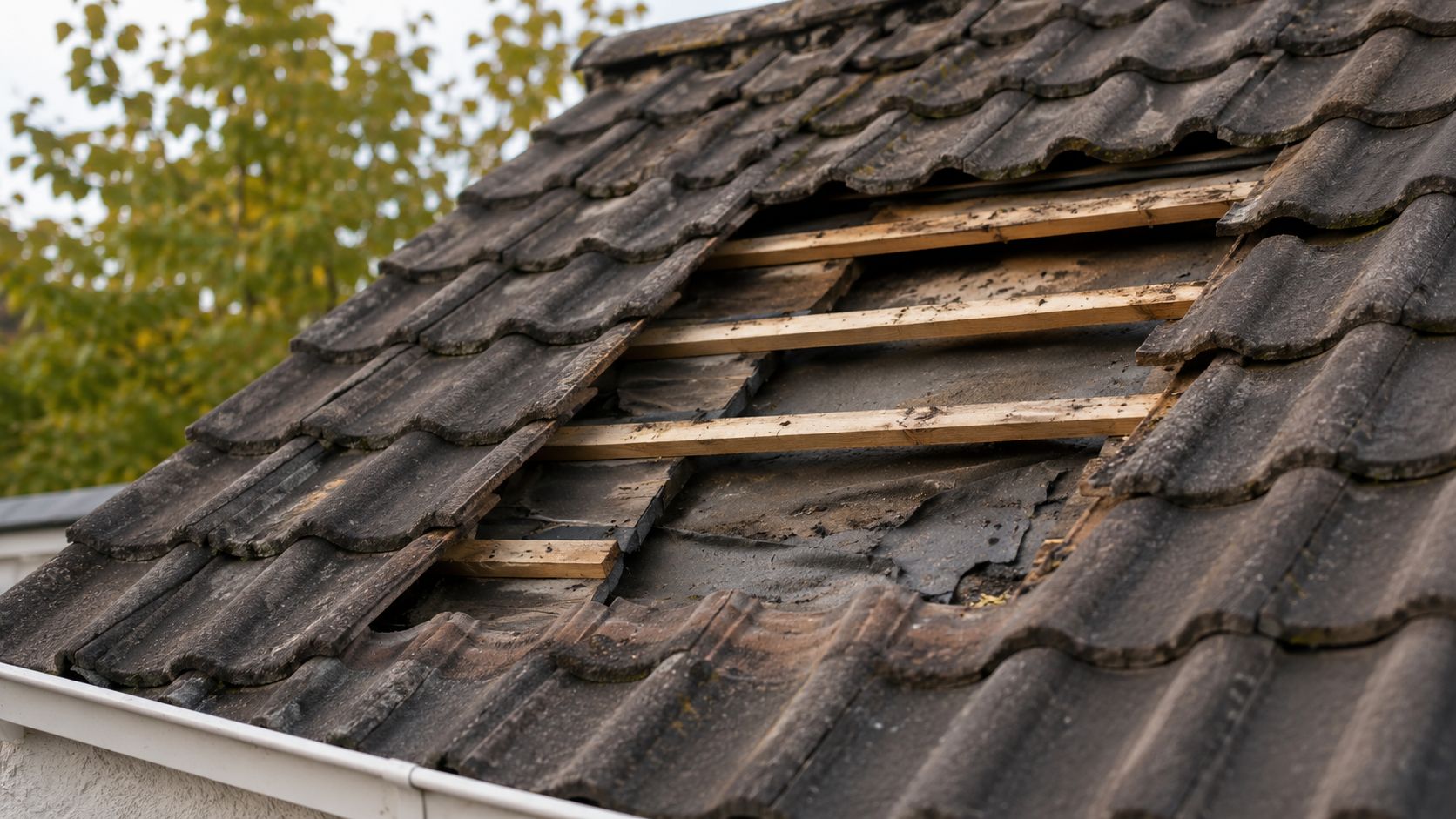 Et skadet tag med manglende tagsten og synlige trælægter klar til tagsten reparation på et hus.