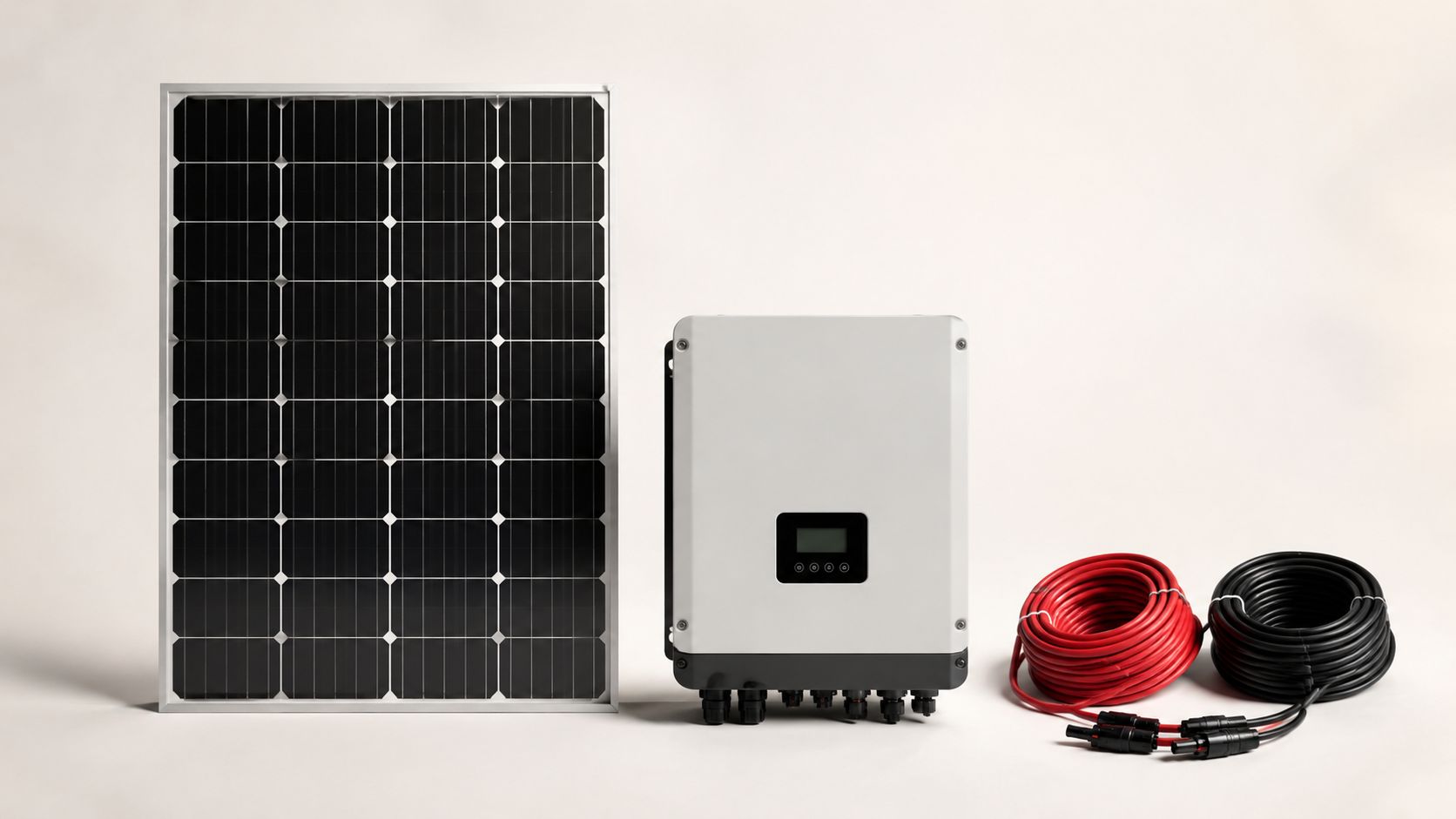 Komplet solcelleanlæg bestående af et solcellepanel, en inverter og tilhørende kabler til montering på tag.