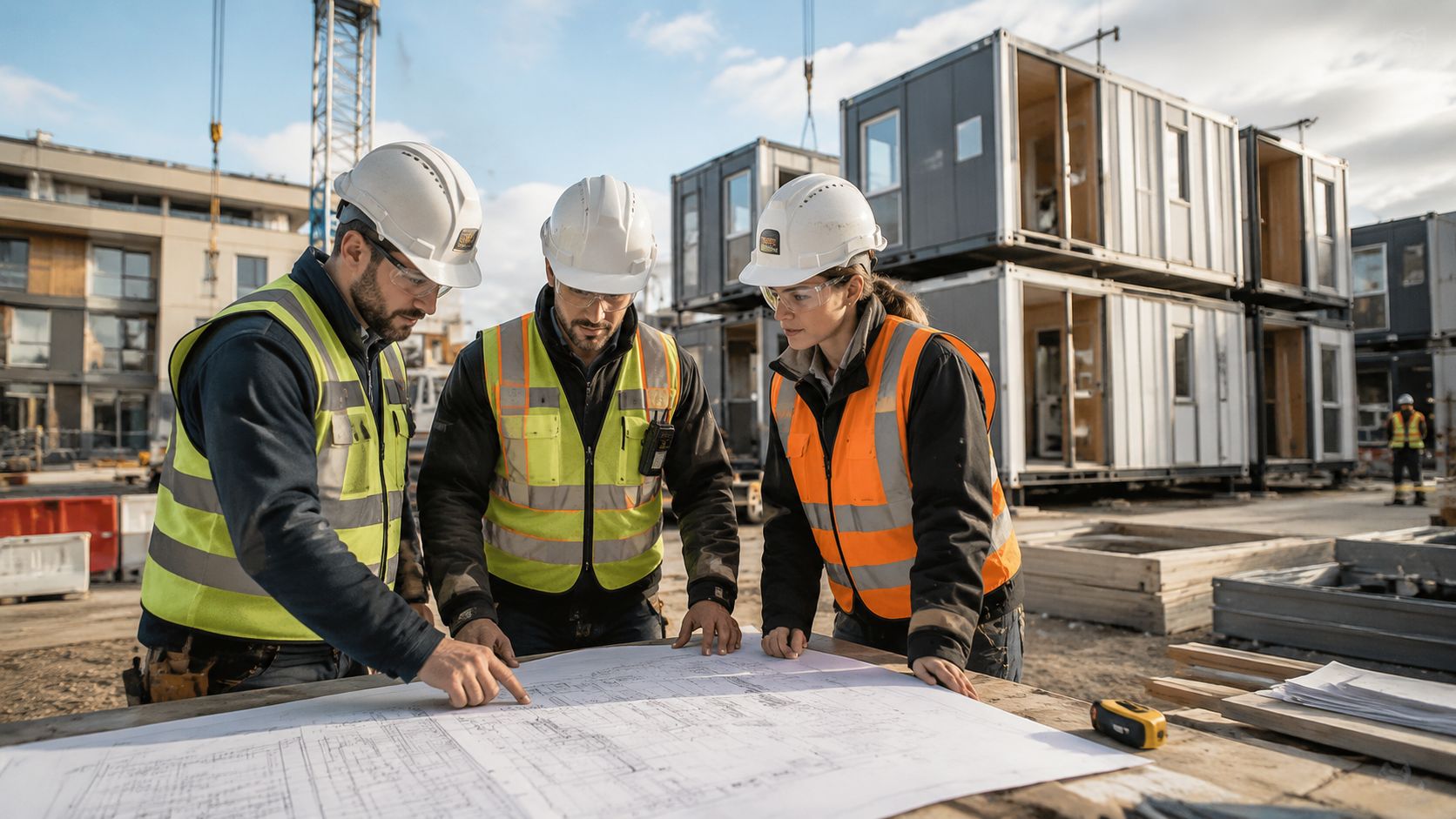 Tre bygningsingeniører i beskyttelsesudstyr diskuterer byggeplaner på en byggeplads med modulære containerenheder i baggrunden.