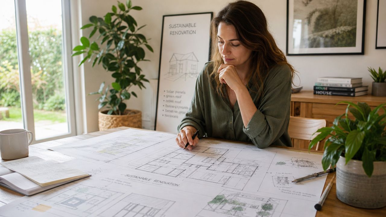 Kvinde arbejder fokuseret med arkitekttegninger til et projekt om bæredygtig renovering ved sit skrivebord derhjemme.