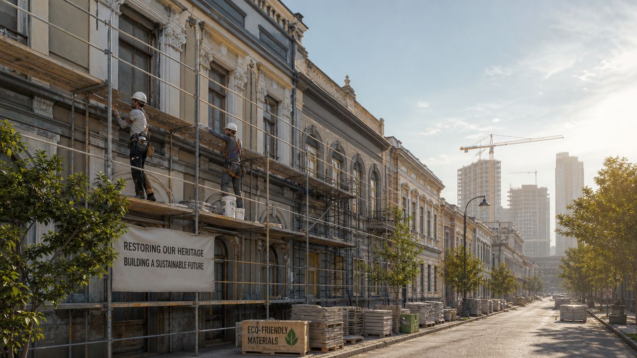 To arbejdere i sikkerhedsudstyr renoverer facaden på en historisk bygning med et bæredygtigt fokus i byens centrum.
