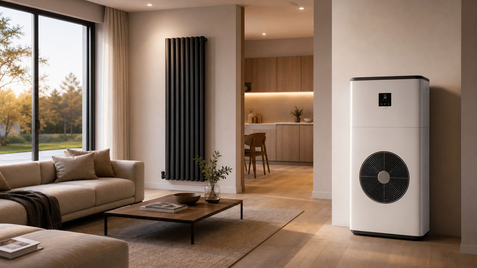 En moderne stue med en hvid varmepumpe og en sort radiator i et elegant, lyst interiørdesign.
