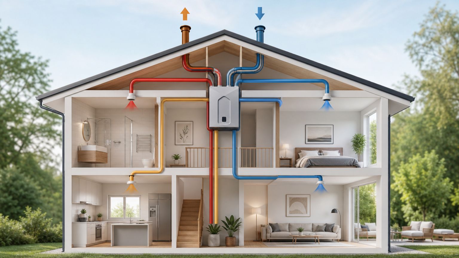 Tværsnit af et hus, der viser et ventilationsanlæg med rørføring til effektiv temperaturregulering og luftcirkulation.