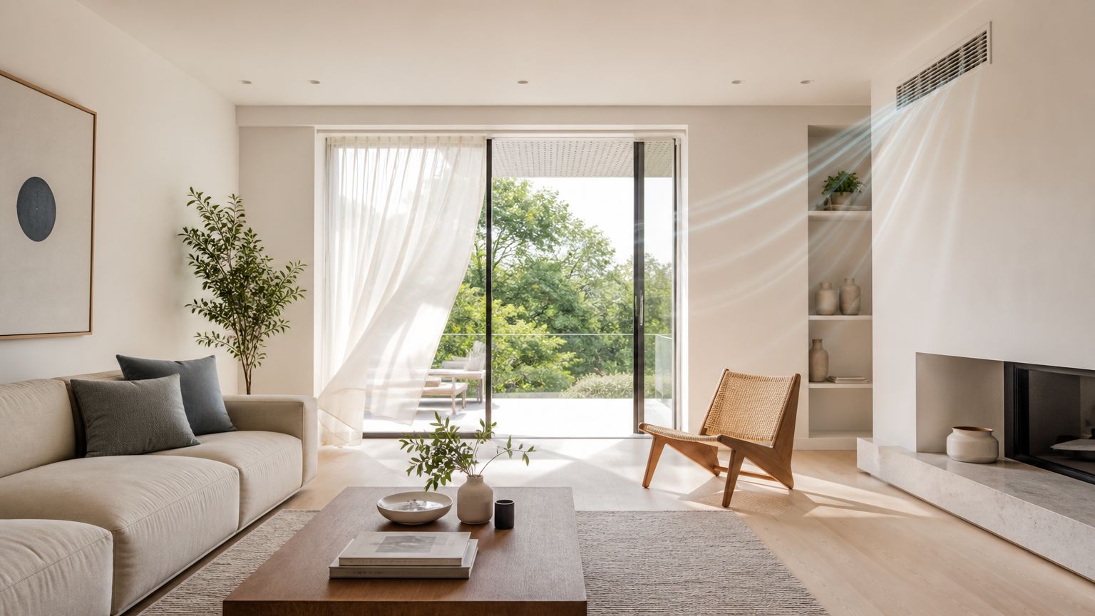 En lys moderne stue med en sofa, et vindue mod terrassen og et klimaanlæg monteret i loftet.