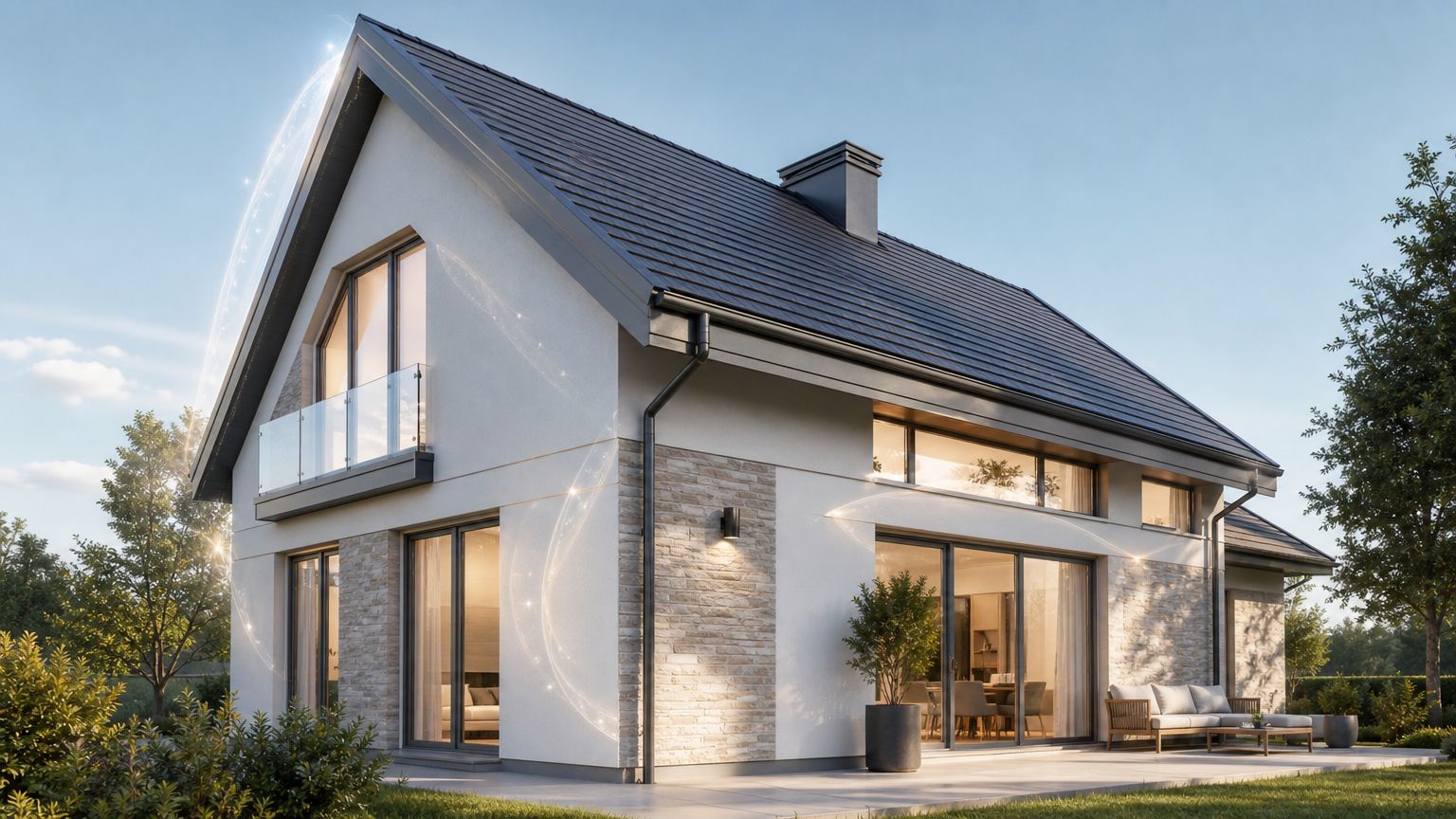 Et moderne hus med stilfuldt arkitektonisk design, der fokuserer på energieffektivitet og avanceret temperaturregulering i hjemmet.