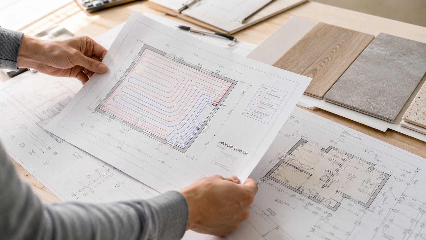 En person holder en tegning med gulvvarme installation i hænderne over et arbejdsbord med arkitektoniske planer.