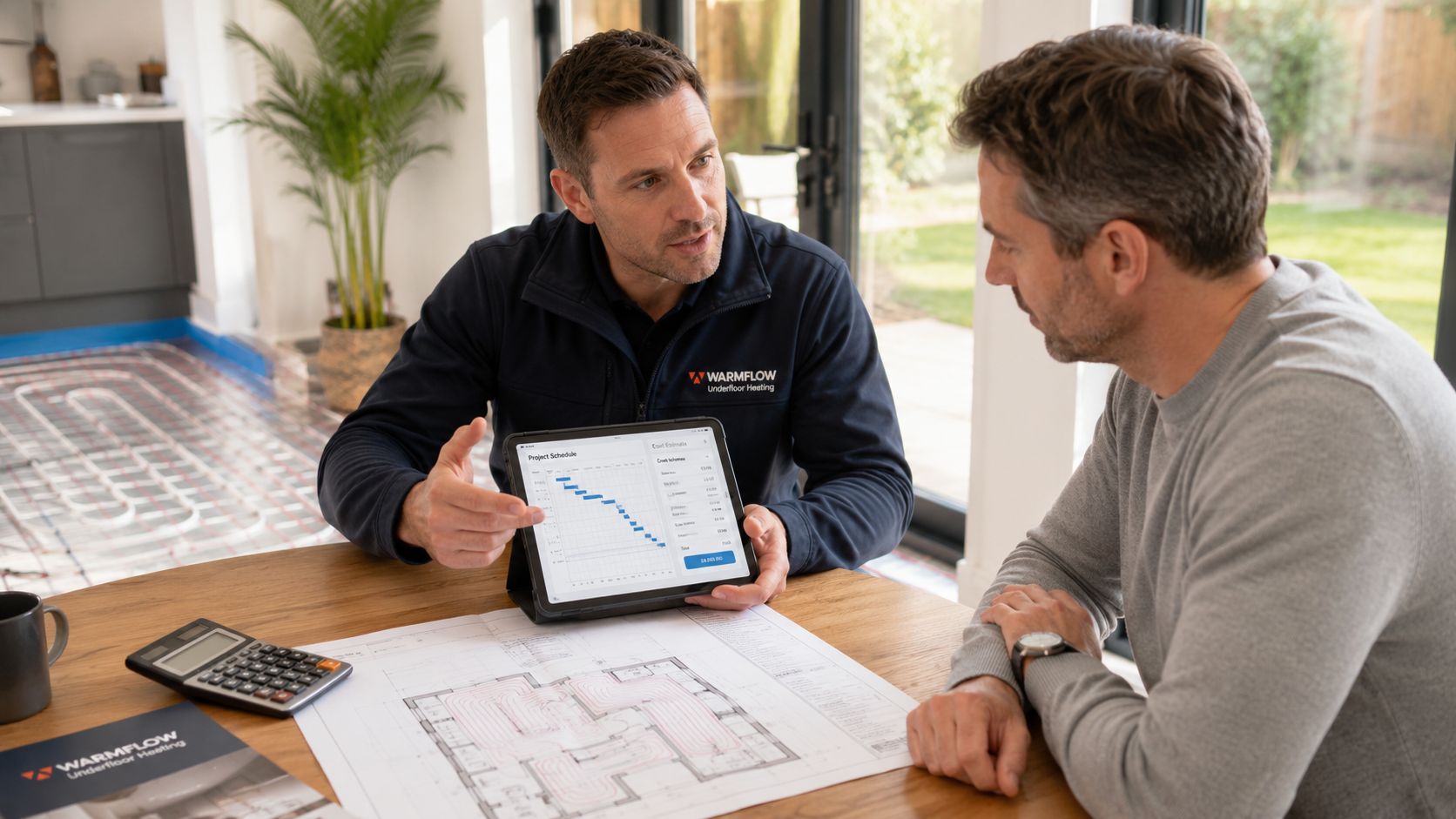 En konsulent fra Warmflow præsenterer en projektplan for gulvvarme på en tablet for en kunde.