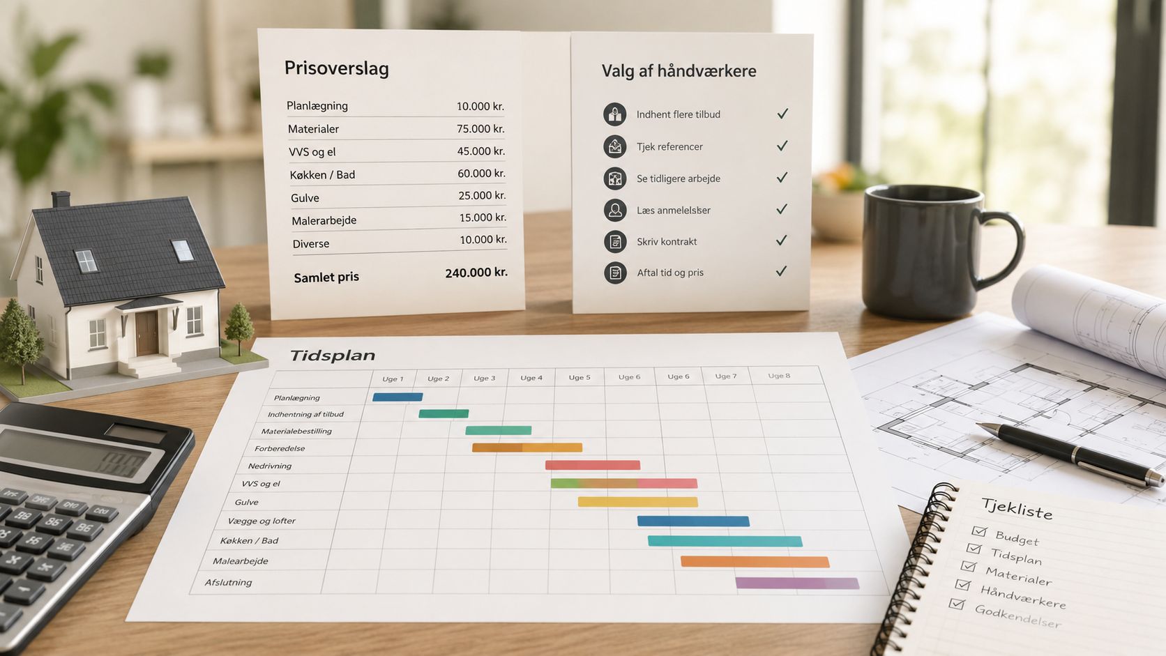 Et skrivebord med en husmodel, budgetoversigt, tidsplan for renovering, tjekliste og tegninger til boligprojekter.