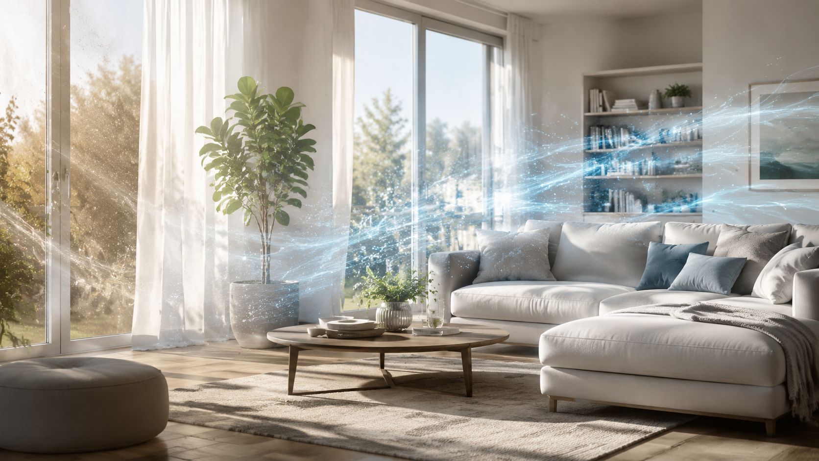 En lys og moderne stue med visualiseret ren luftcirkulation, der viser vigtigheden af god ventilation i hjemmet.