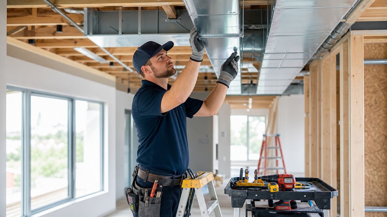 En professionel montør arbejder på at installere ventilationskanaler i loftet på en byggeplads med værktøj i nærheden.
