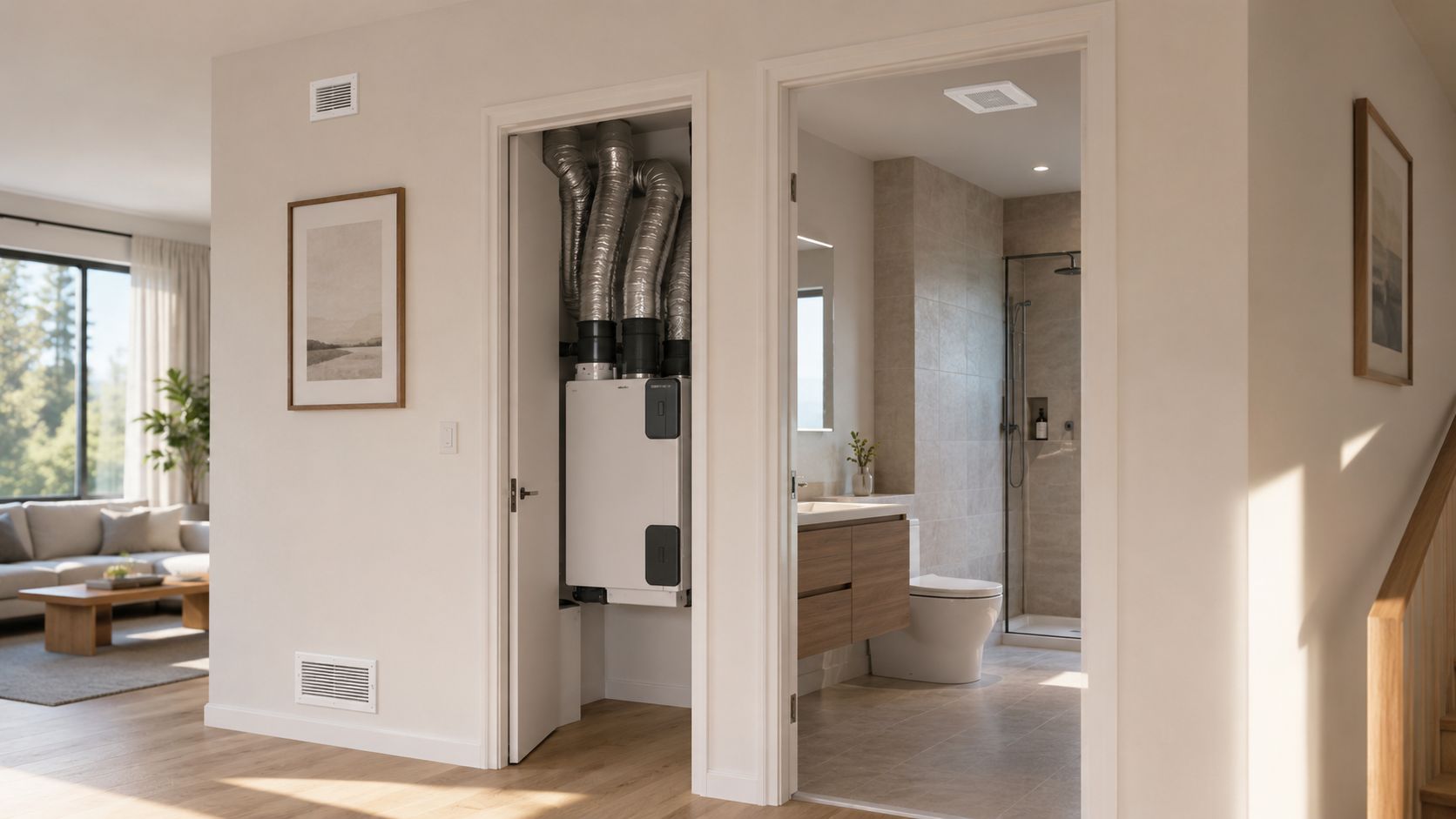Et moderne ventilationsanlæg installeret i et skab mellem stue og badeværelse i et moderne hjem.