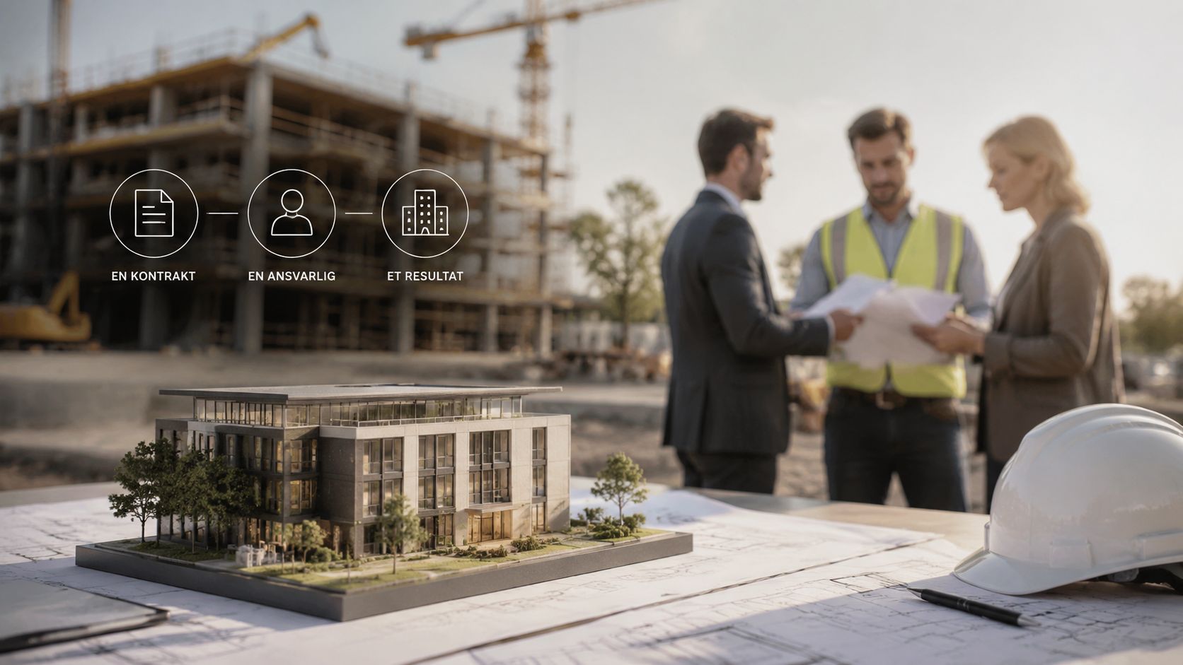 Tre fagfolk diskuterer byggeplaner foran en model af en moderne kontorbygning på en byggeplads.