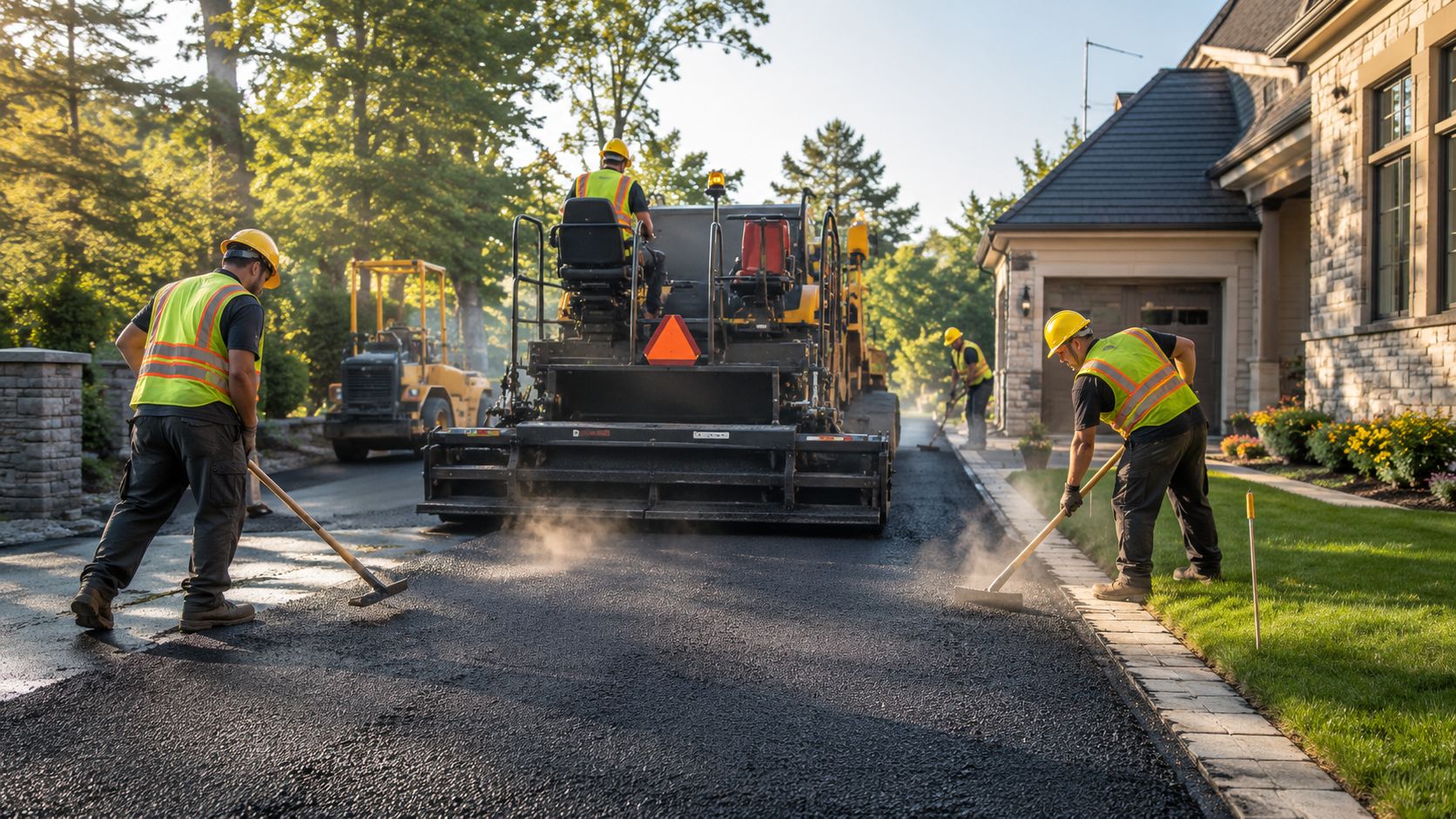 Professionelle vejarbejdere lægger ny asfalt på en privat indkørsel foran et moderne hus med maskiner.