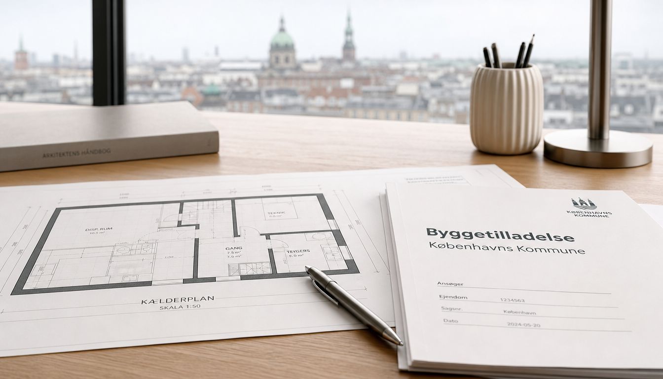 Arkitekttegning af en kælderplan med byggetilladelse fra Københavns Kommune liggende på et træbord med udsigt over byen.